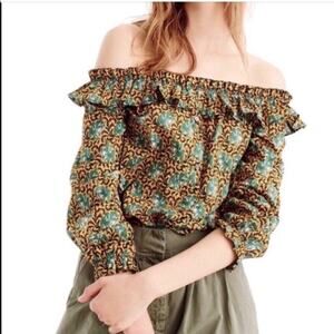 J Crew gold green elephant print ruffle neck off shoulder top size 0